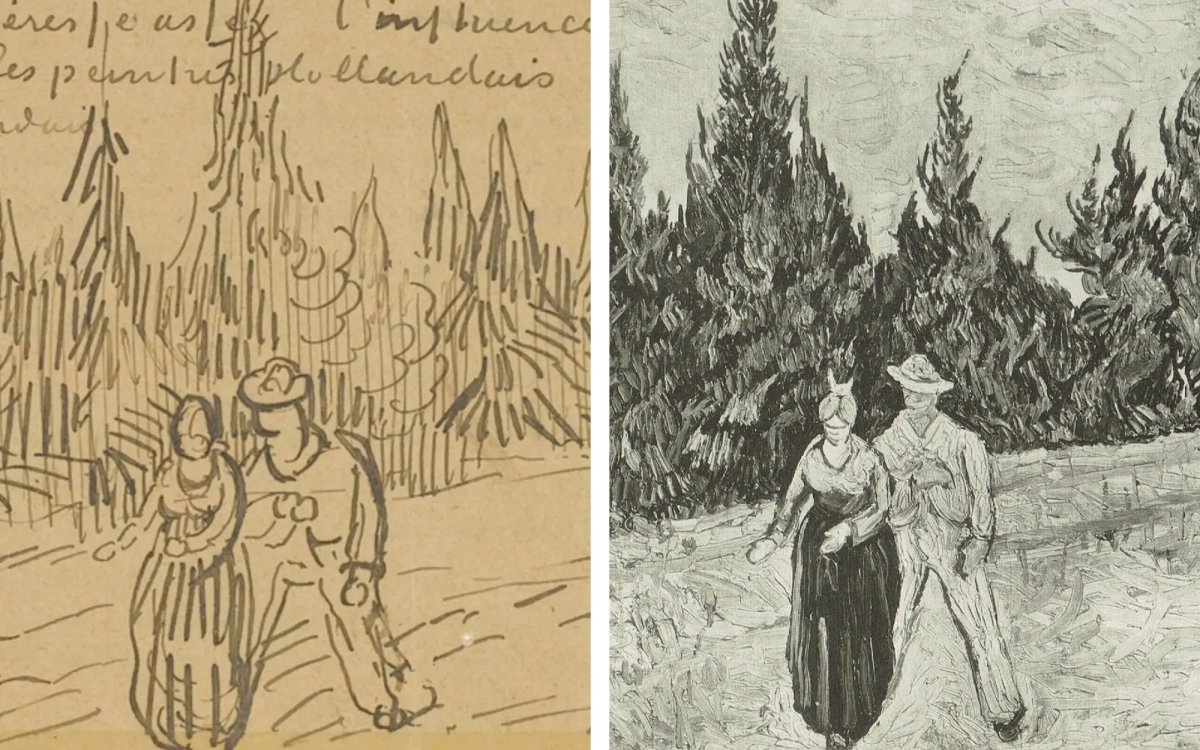 Left: Vincent’s sketch of The Lovers in his letter to Theo, 21 October 1888 (detail). Van Gogh Museum, Amsterdam (Vincent van Gogh Foundation)
Right: Photograph of Van Gogh’s The Lovers (October 1888) (detail). Auction catalogue of Thea Sternheim sale, Amsterdam, 11 February 1919 (The Lovers was not sold)
