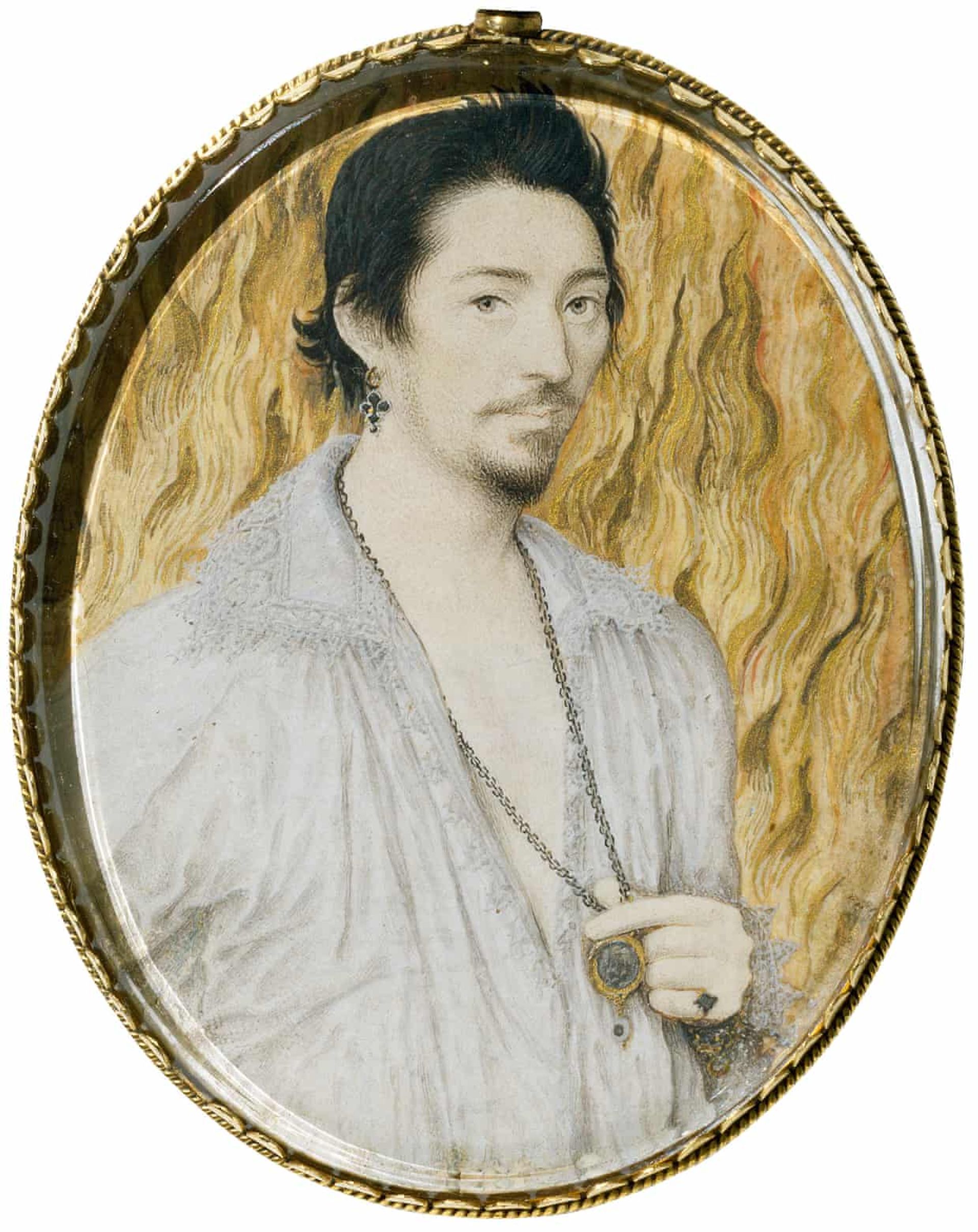 Nicholas Hilliard’s portrait of an unknown man against a background of flames Photo: Clare Johnson/Victoria and Albert Museum, London