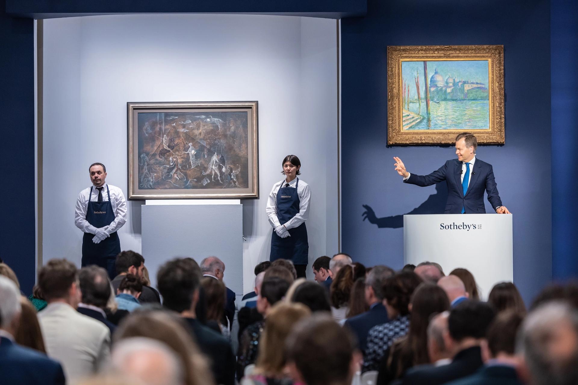 Auctioneer Oliver Barker commands the sales floor at Sotheby's Modern Evening Sale. on 17 May. Courtesy Sotheby's