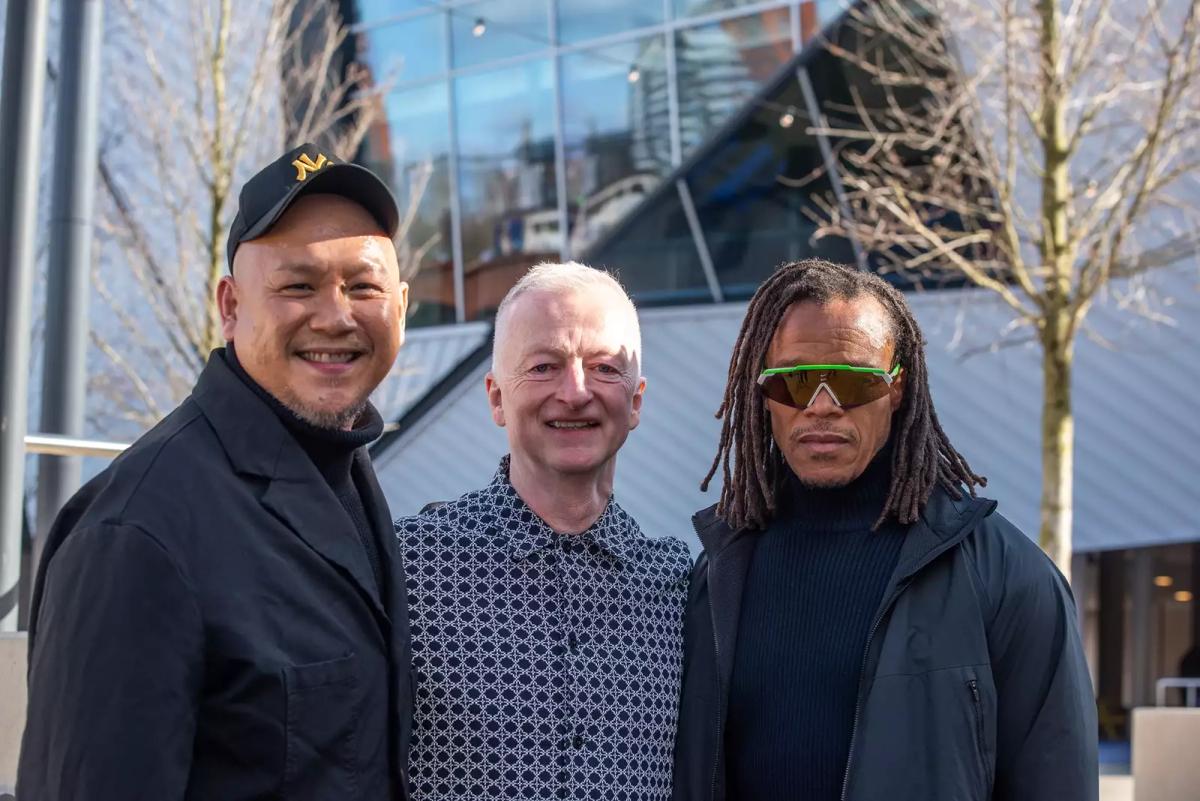 Low Kee Hong, creative director at Factory International, John McGrath, artistic director and chief executive of Factory International, and artist/footballer Edgar Davids at the launch of the Manchester International Festival 2025
photo: Chris Payne