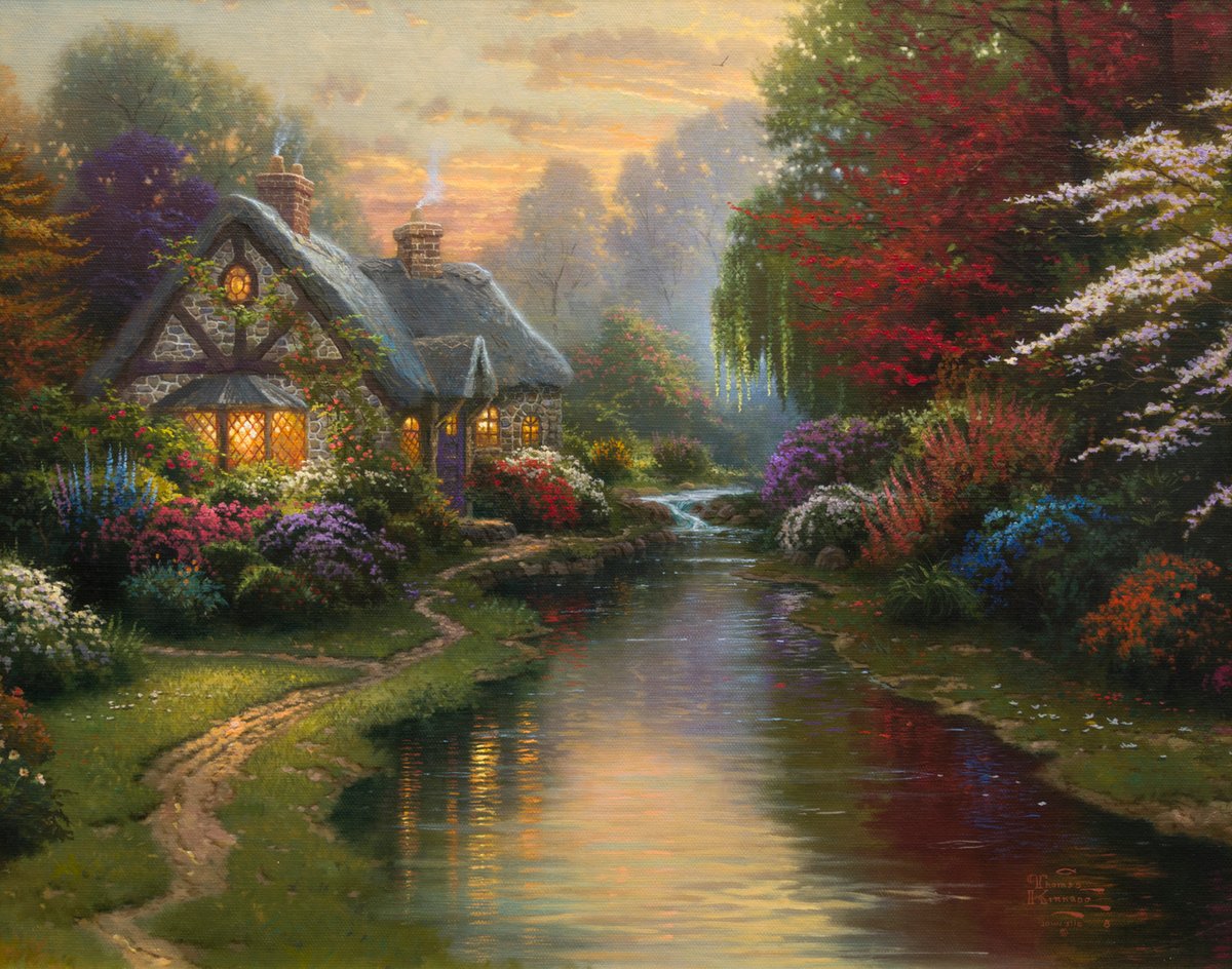 Thomas Kinkade’s A Quiet Evening, Places in the Heart I (1998), one of his quintessential “painter of light” works Courtesy the Kinkade Family Foundation