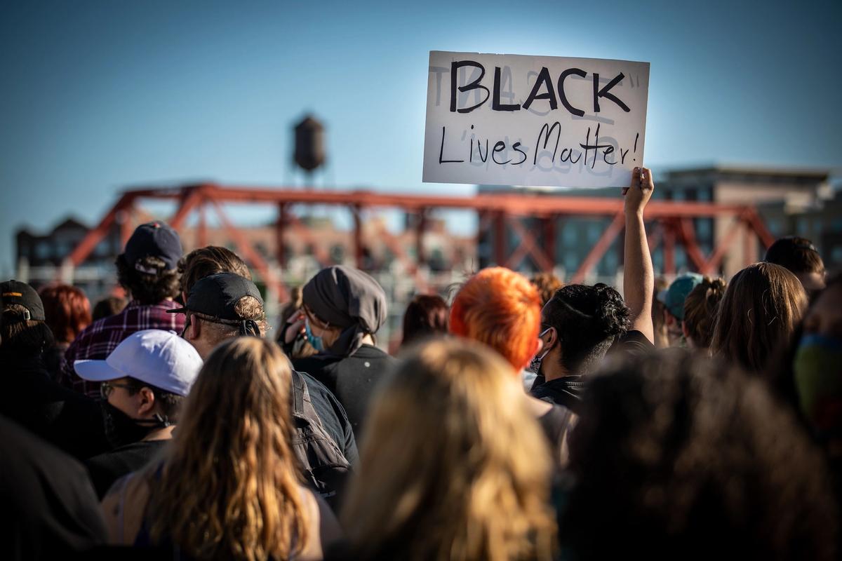 A Black Lives Matter protest in downtown Des Moines, Iowa, on 29 May, joining other protests around the country demanding justice over the killing of George Floyd by a police officer in Minneapolis Photo: Phil Roeder