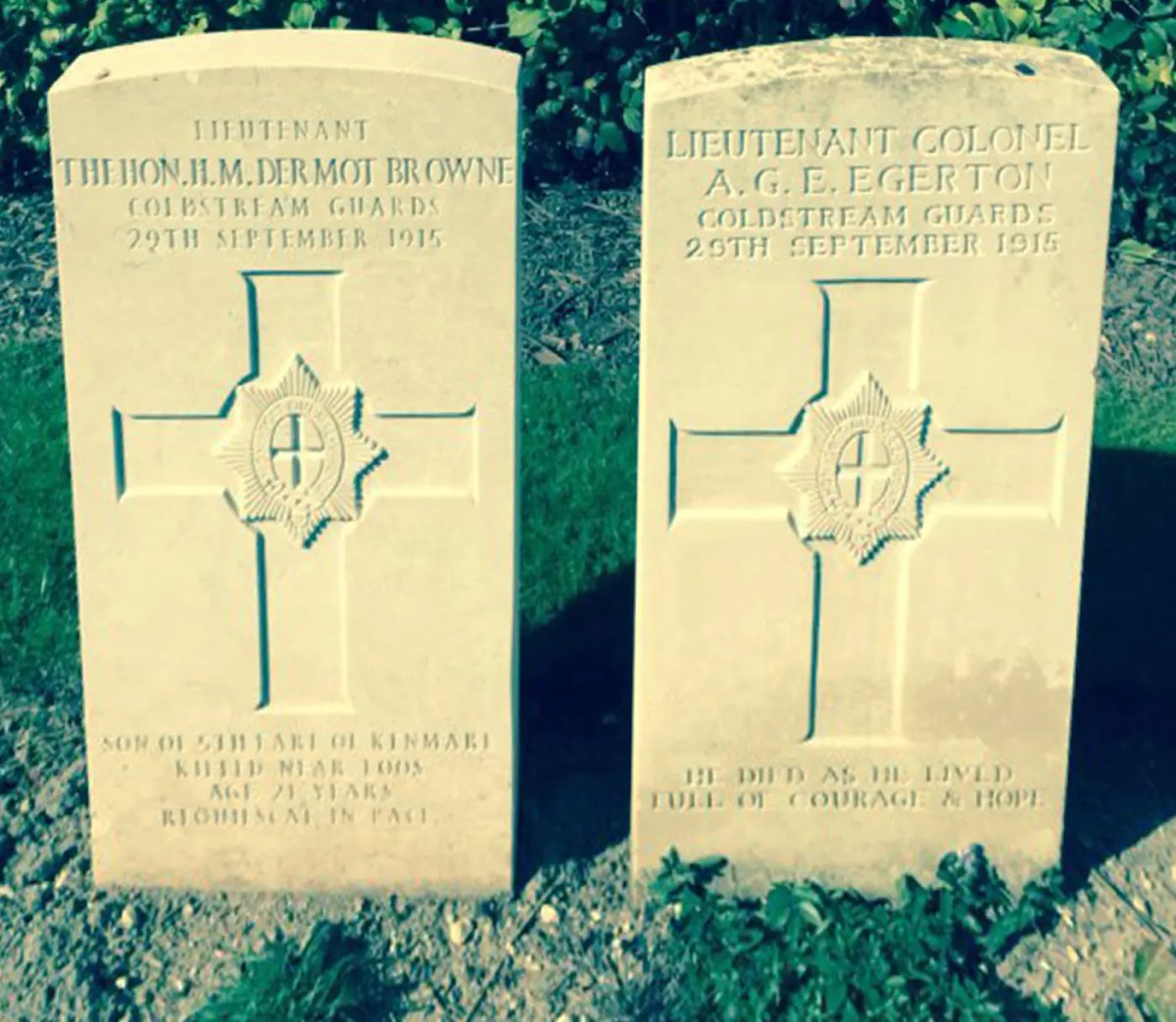 Two elements in the largest single, cumulative artwork of the 20th century, memorialising the 1.7 million British and Commonwealth citizens who died in action in the First and Second World Wars: Max Gill's condensed lettering on the headstone for Lt Dermot Browne and standard lettering on the headstone for Lt Col AGE Egerton—officers of the Coldstream Guards killed by the same shell near Loos on 29 September 1915—at Vermelles Cemetery, Normandy. Gill also designed the regimental badge. The shape of the headstone was created by the architect Edwin Lutyens