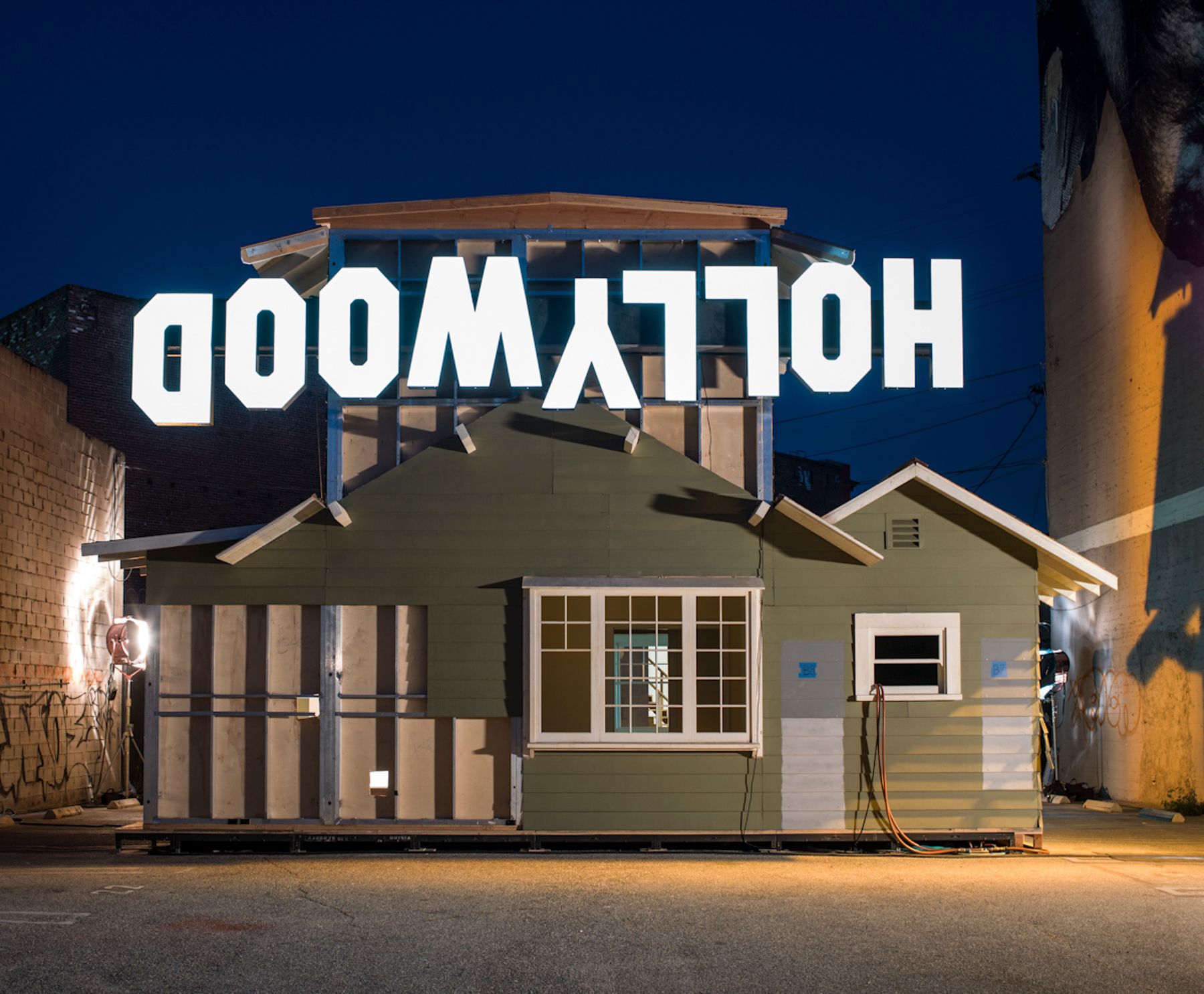 A reconstructed bungalow in Paul and Damon McCarthy’s installation Rebel Dabble Babble, hosted at the Box in 2012 Photo: © Fredrik Nilson Studio; courtesy the artists and the Box, LA.
