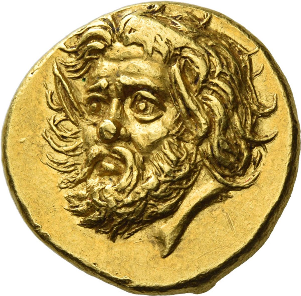 The gold stater from Panticapaeum showing the face of a satyr (around 340BC-325BC) Courtesy of Numismatica Ars Classica