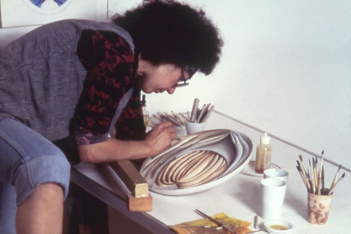 Judy Chicago working on Hrosvitha Test plate #3, 1975-1978 Judy Chicago
