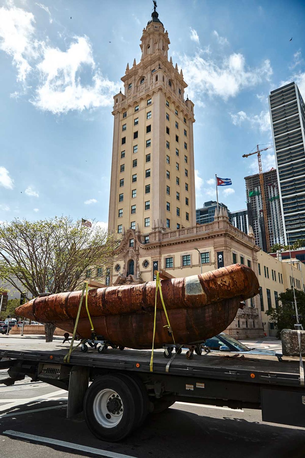 Exile, a vessel built from steel barrels to bring Cubans across the Florida Straits, passed Miami’s famed Freedom Tower en route to Antonia Wright and Ruben Millares’s studio Photo: Rudy Duboué