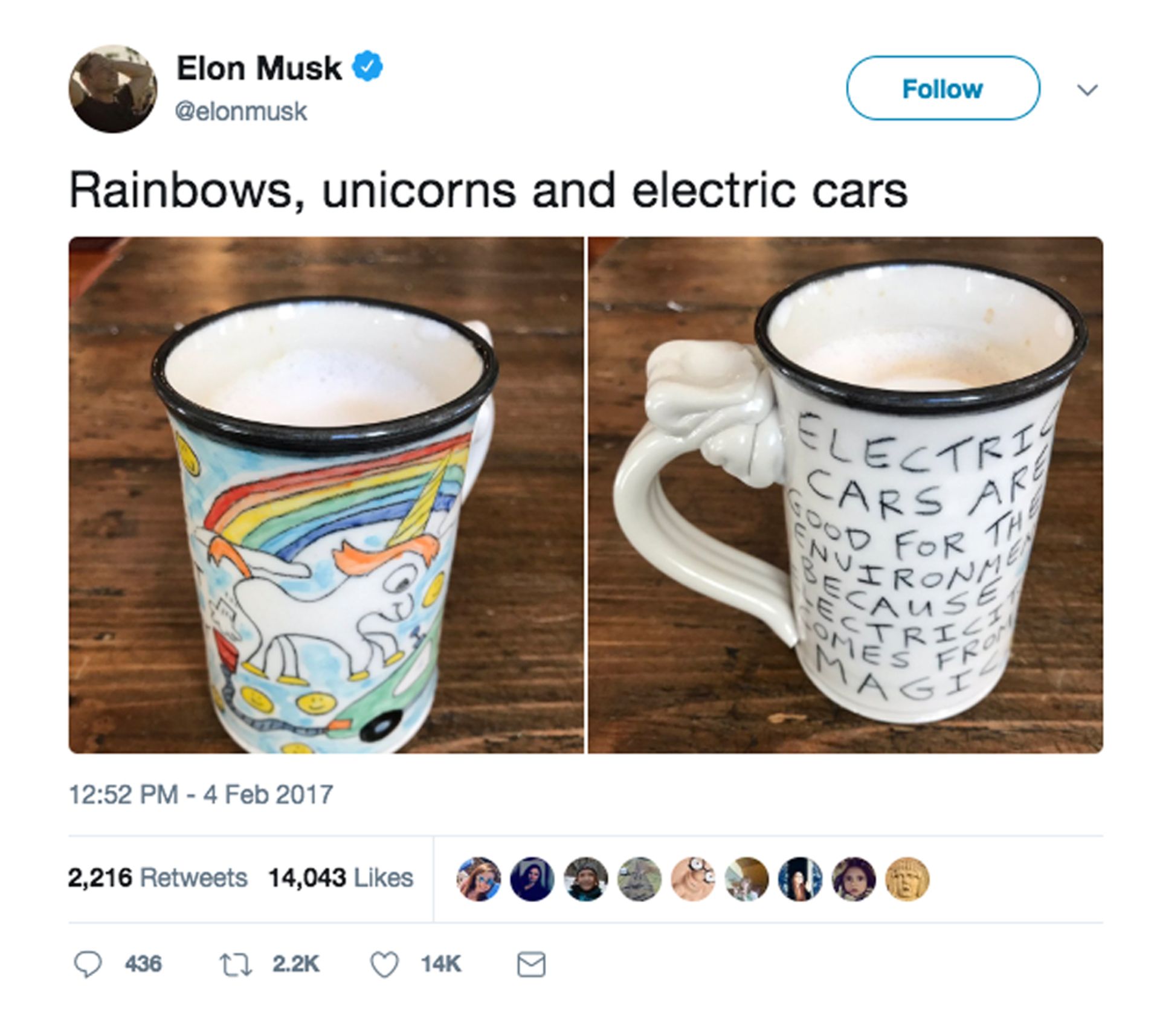 Elon Musk's tweet of Tom Edwards' unicorn mug Twitter/Elon Musk