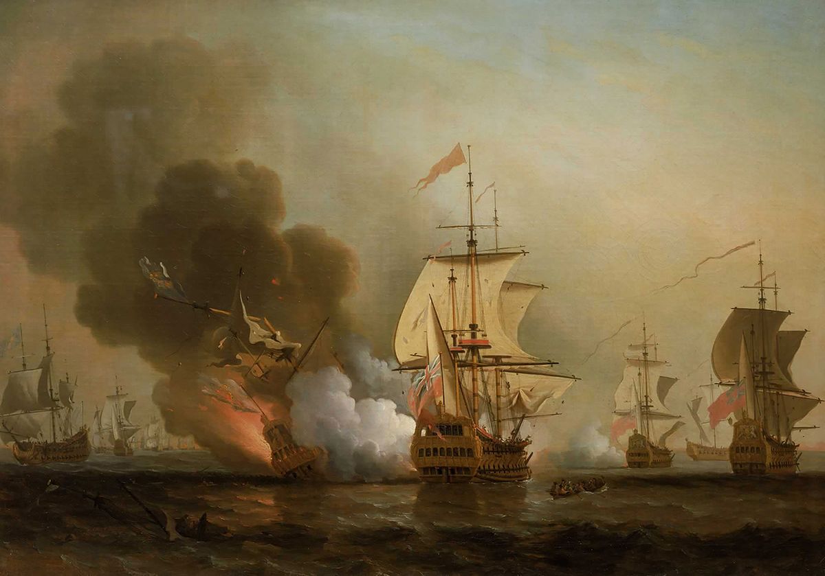 Samuel Scott’s painting Wager’s Action off Cartagena, 28 May 1708 (around 1743-47), shows the San José sinking Wikimedia Commons