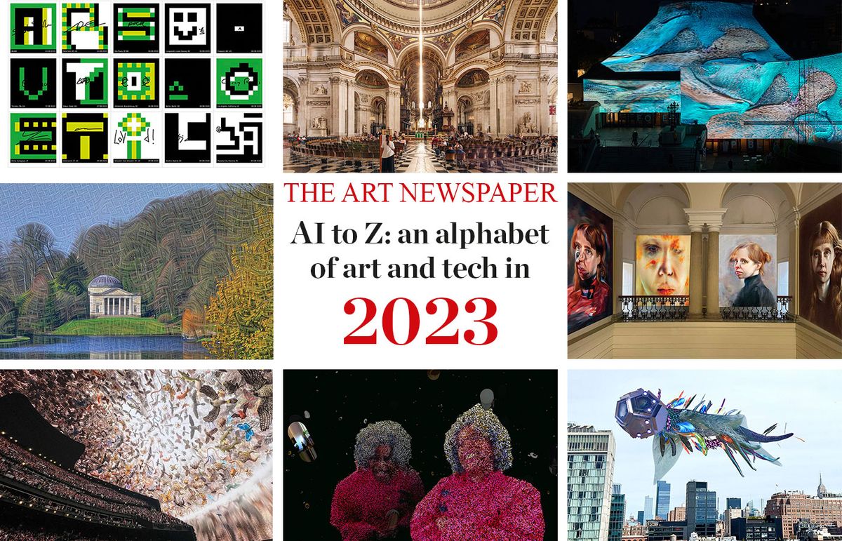 From left to right, top row: The MoMA Postcard pixel grid image Silver Convex Stroke, for which the poet Sasha Stiles was the “prompting artist"; Pablo Valbuena's Aura hangs from the dome of St Paul's Cathedral, in London; Refik Anadol, Glacier Dreams (2023), at Art Basel. Middle row: Detail from Daniel Ambrosi's Stourhead (2023); Holly Herndon and Mathew Dryhurst, Classified series of self-portraits. Bottom row: Es Devlin. a work for the Sphere, Nevada Ark (2023). Stephanie Dinkins's #WhenWordsFail (2020-21); Nancy Baker Cahill's CENTO (2023) MoMA Postcard: Courtesy MoMA. Valbuena: London Design Festival. Supported by Bloomberg Philanthropies. Photograph: © Ed Reeve. Anadol: © Refik Anadol Studio. Ambrosi: © Daniel Ambrosi. Herndon and Dryhurst: Courtesy the artists. Devlin: Amiee Stubbs/imageSPACE/Sipa USA. Credit: Sipa USA/Alamy Stock Photo; Dinkins: Courtesy of the Guggenheim; Baker Cahill: Courtesy the Whitney Museum of American Art, New York