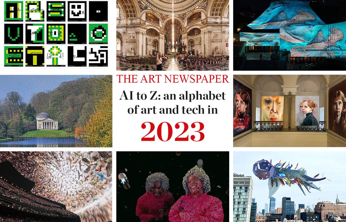 From left to right, top row: The MoMA Postcard pixel grid image Silver Convex Stroke, for which the poet Sasha Stiles was the “prompting artist"; Pablo Valbuena's Aura hangs from the dome of St Paul's Cathedral, in London; Refik Anadol, Glacier Dreams (2023), at Art Basel. Middle row: Detail from Daniel Ambrosi's Stourhead (2023); Holly Herndon and Mathew Dryhurst, Classified series of self-portraits. Bottom row: Es Devlin. a work for the Sphere, Nevada Ark (2023). Stephanie Dinkins's #WhenWordsFail (2020-21); Nancy Baker Cahill's CENTO (2023) MoMA Postcard: Courtesy MoMA. Valbuena: London Design Festival. Supported by Bloomberg Philanthropies. Photograph: © Ed Reeve. Anadol: © Refik Anadol Studio. Ambrosi: © Daniel Ambrosi. Herndon and Dryhurst: Courtesy the artists. Devlin: Amiee Stubbs/imageSPACE/Sipa USA. Credit: Sipa USA/Alamy Stock Photo; Dinkins: Courtesy of the Guggenheim; Baker Cahill: Courtesy the Whitney Museum of American Art, New York