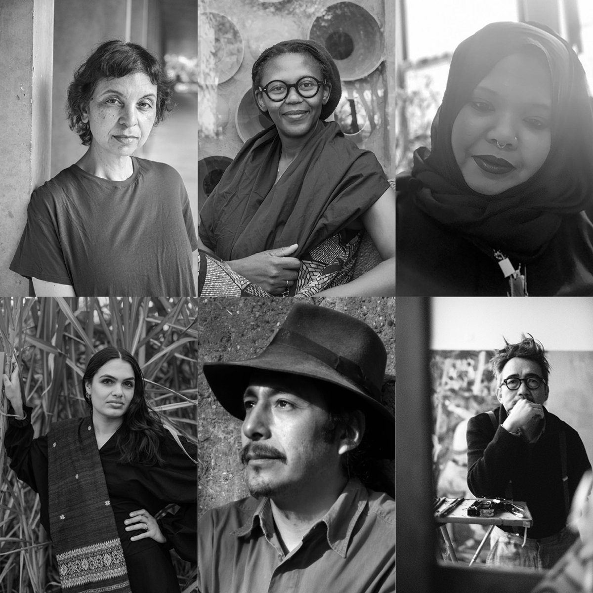 Composite image of artist shortlisted the for Artes Mundi 11 prize
Top row, from left: Jumana Emil Abboud (photograh: Ai Iwane); Anawana Haloba (photograph: Sello Majara); Kameelah Janan Rashid (photograph: Kameelah Janan Rasheed). Bottom row, from left: Sancintya Mohini Simpson (photograph: Sid Coombes (Sica Media); Antonio Paucar (photograph: Jorge Jaime Valdez); Sawangwongse Yawnghwe (photograph: Alex Blanco)