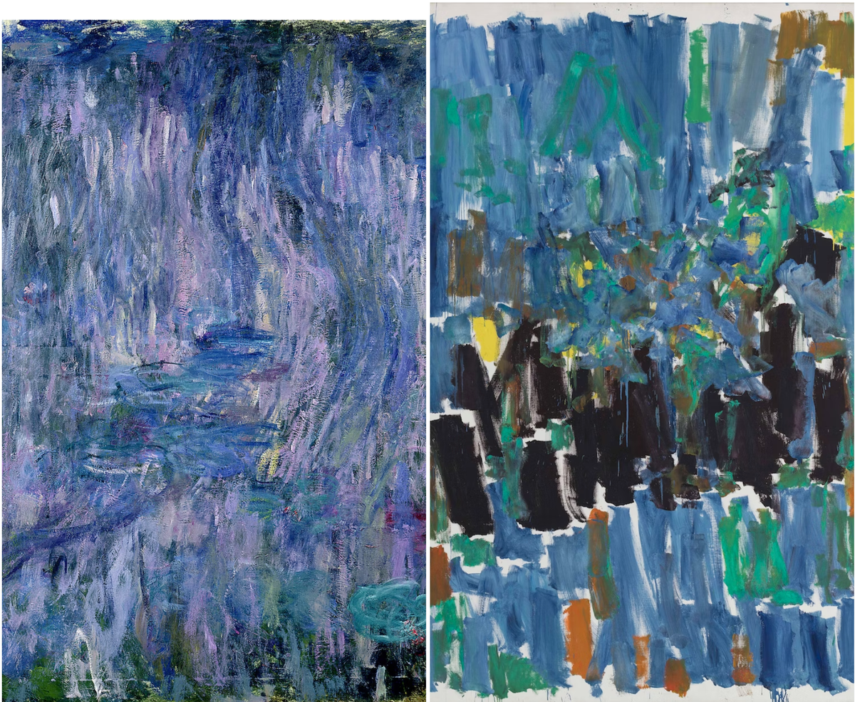 Left: Claude Monet's Nymphéas, reflets de saule (1916-19). Right: Joan Mitchell's No Room at the End (1977)  Monet: Musée Marmottan Monet, Paris. Mitchell: The Estate of Joan Mitchell; Photo: Primae/David Bordes