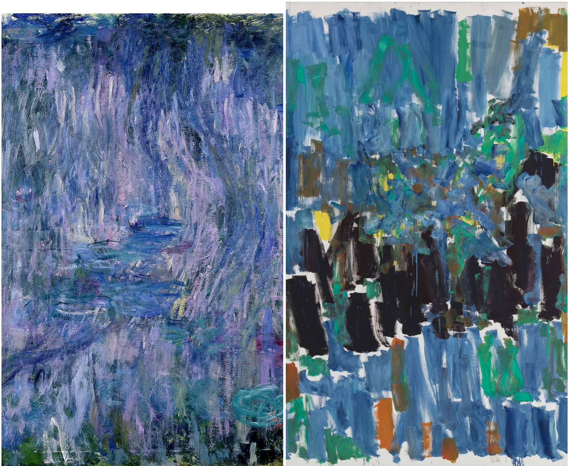Left: Claude Monet's Nymphéas, reflets de saule (1916-19). Right: Joan Mitchell's No Room at the End (1977)  Monet: Musée Marmottan Monet, Paris. Mitchell: The Estate of Joan Mitchell; Photo: Primae/David Bordes