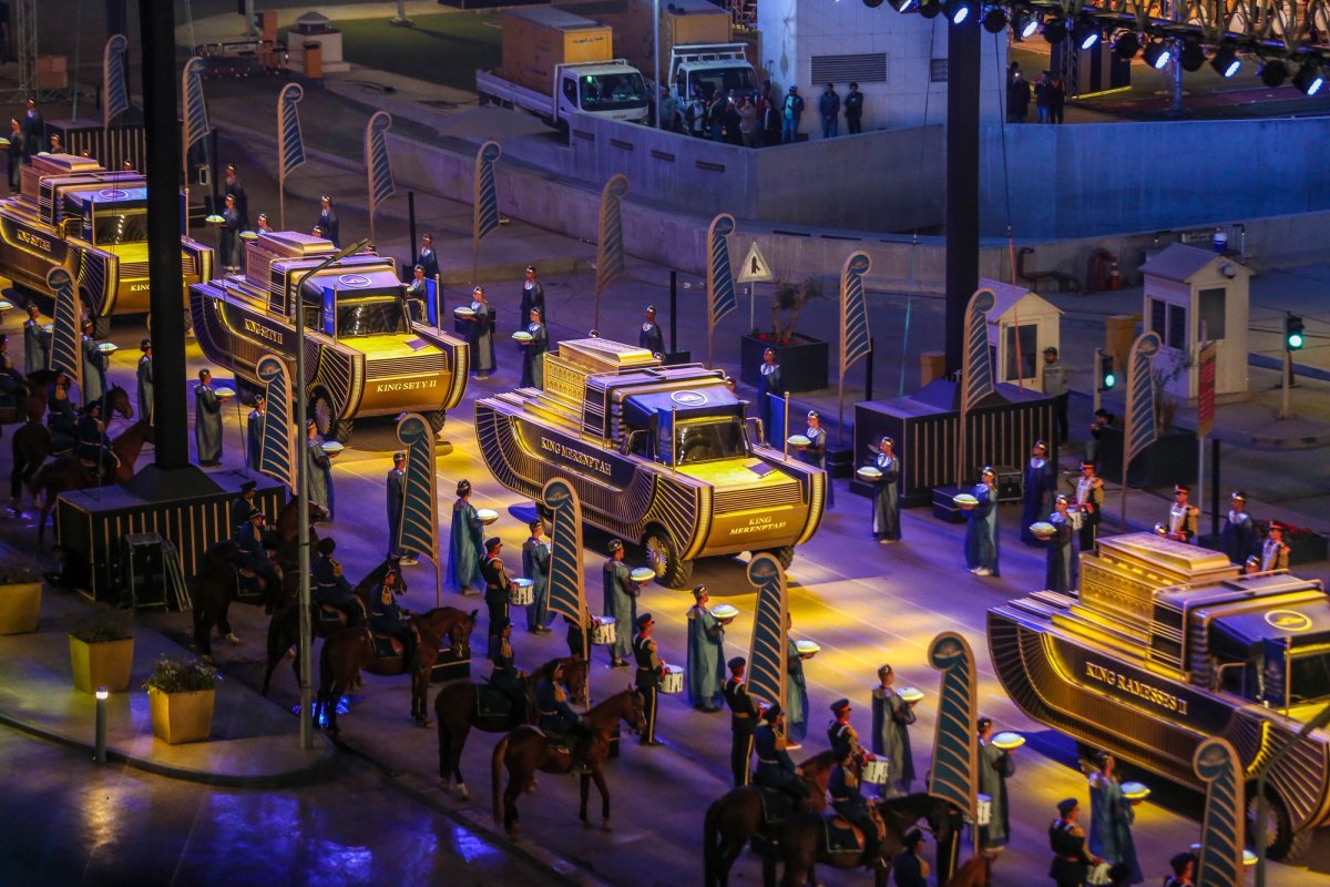 A convoy of vehicles transporting royal mummies is seen in Cairo, Egypt, Saturday, 3 April 2021 AP Photo