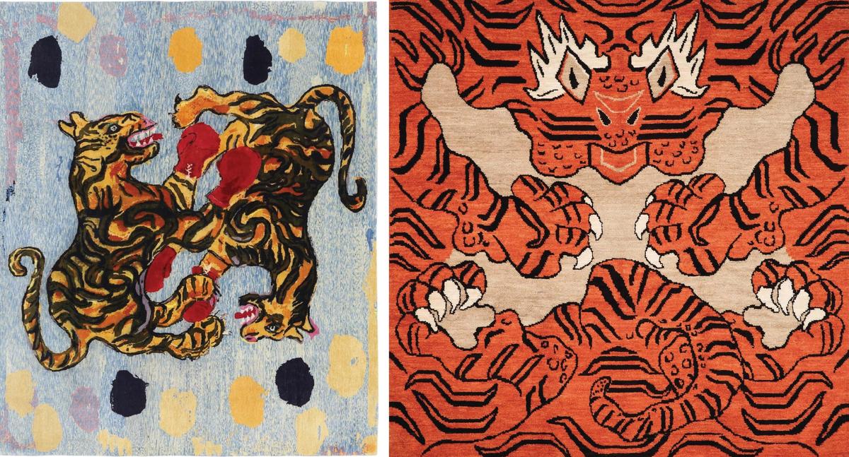 Left to right: Peter Doig's Tiger Fight (2022) and Ai Weiwei's Tyger (2022)
Courtesy of the artists