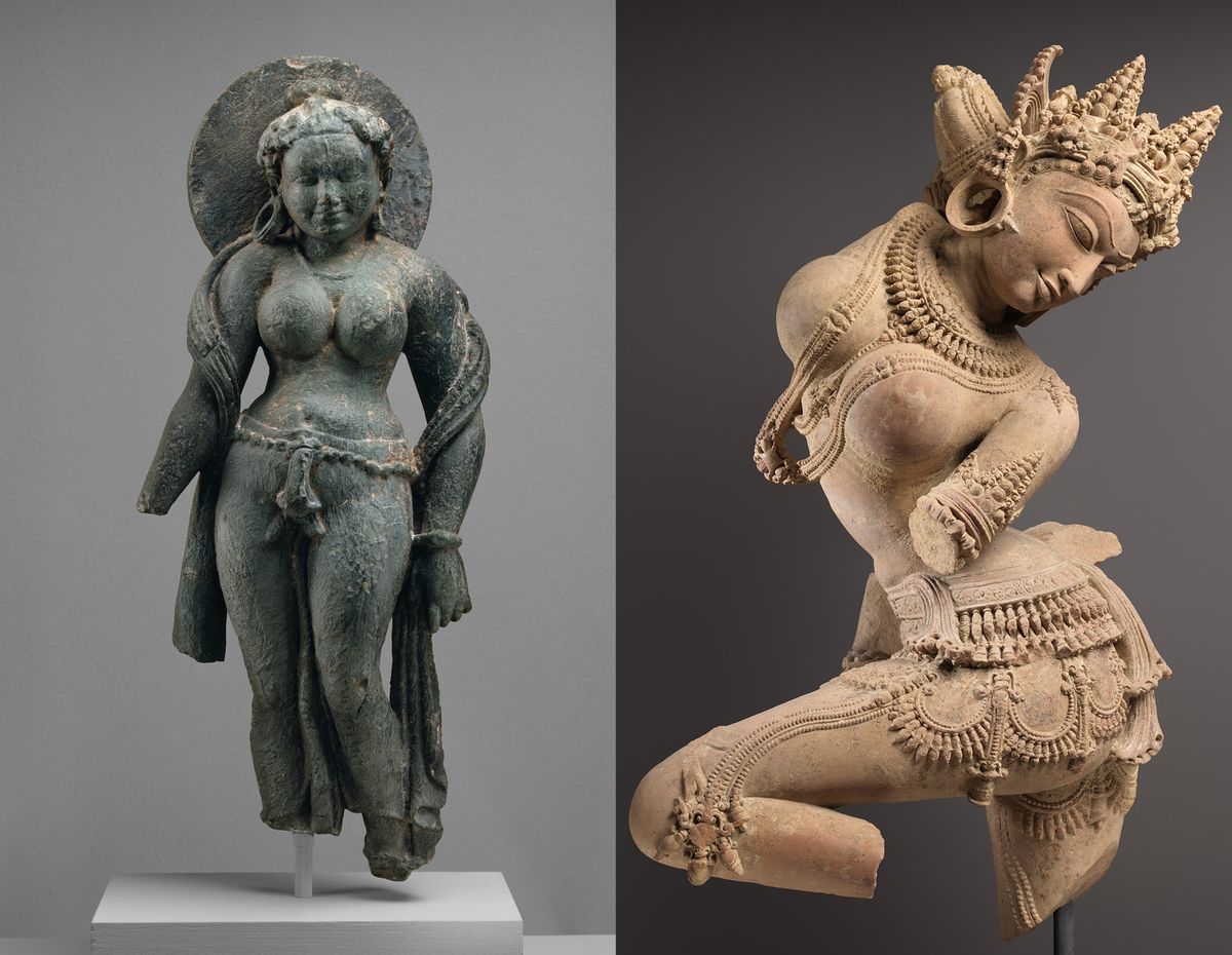 Antiquities returned to India this week include a schist carving representing the Tanesar Mother Goddess (left), which was looted from India in the 1960s and sold by Doris Wiener, and a a sandstone sculpture of a celestial dancer (right), looted in the 1980s and displayed at Subhash Kapoor's Manhattan gallery. Both were eventually acquired by the Metropolitan Museum of Art. Tanesar Mother Goddess: via Wikimedia Commons; Celestial Dancer: via Wikimedia Commons