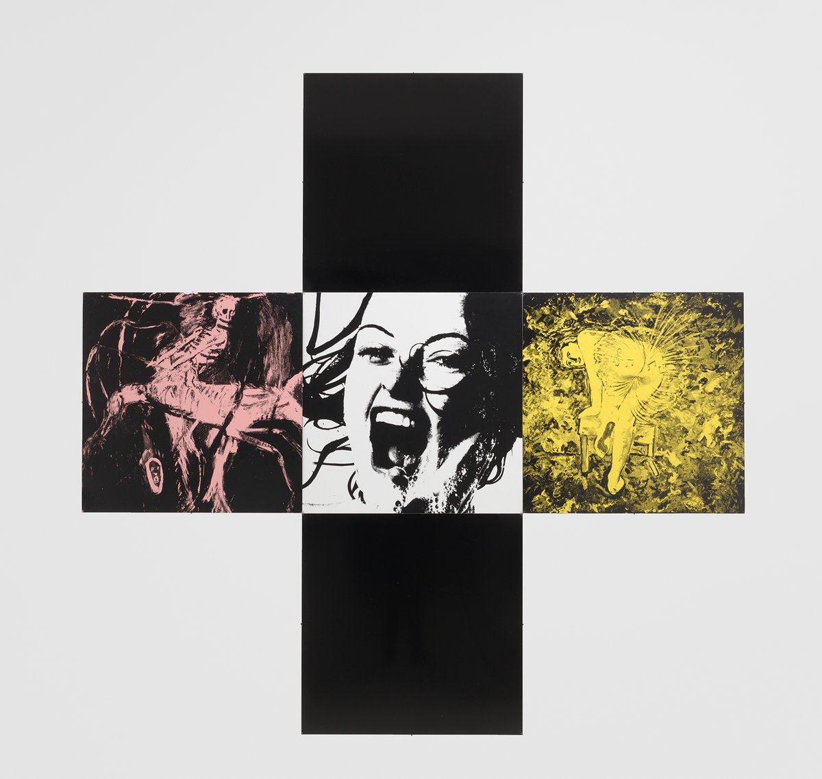 Gretchen Bender's work Untitled, The Pleasure is Back Series (1982), in enamel ink silkscreened on sign tin Photo: Lance Brewer; © the Gretchen Bender Estate