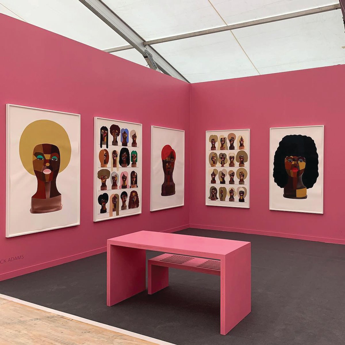 Installation shot of Derrick Adams’s Beauty World, part of the artist’s Deconstruction Worker series shown by Vigo Gallery at Frieze New York 2019 Courtesy of Vigo Gallery via Instagram