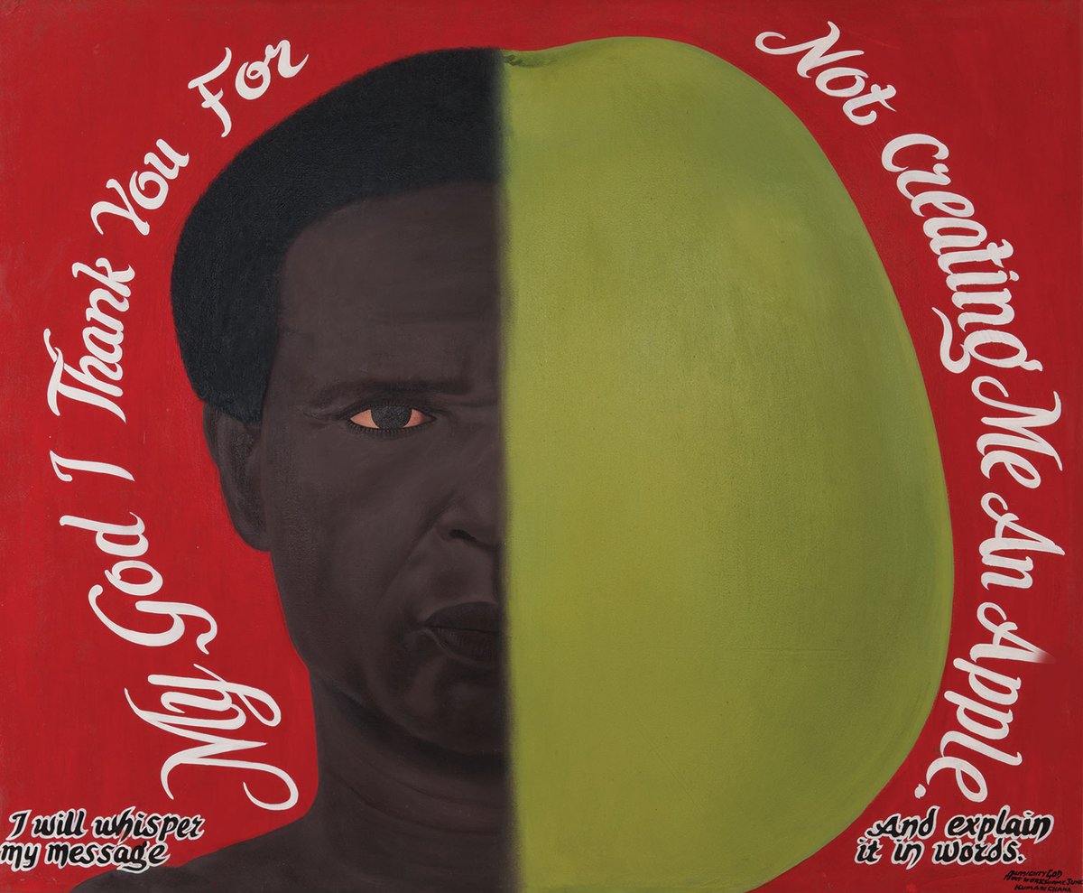 Ghanaian artist Kwame Akoto’s My God Apple (no date). Akoto is a calligrapher who paints his self-portrait onto billboards Courtesy of Françoise Adamsbaum; Victoire Dirosa; Artppol Project © Françoise Adamsbaum