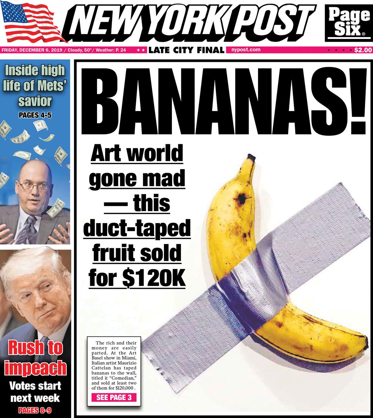 Cattelan's Comedian made the cover of the New York Post © 2019 NYP Holdings