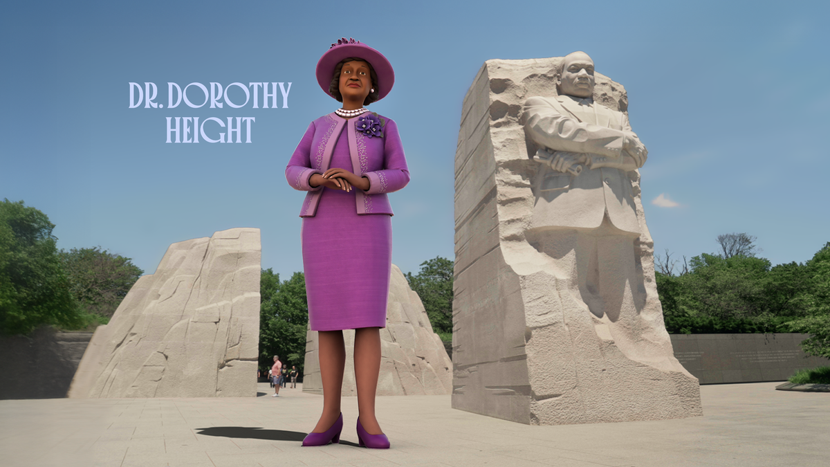 Custom illustration of Dorothy Height from Unhidden Heroines appears next to the Martin Luther King Jr. Memorial on the National Mall in Washington, DC Courtesy Smithsonian American Women’s History Museum