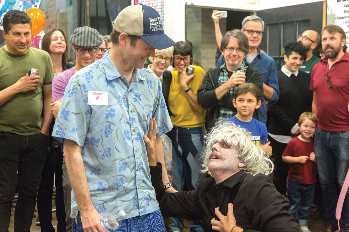 Mark Allen and Patrick Ballard (white haired guy) “casting spells” at closing party of Machine Project in L.A. Machine Project; Ian Byers-Gamber