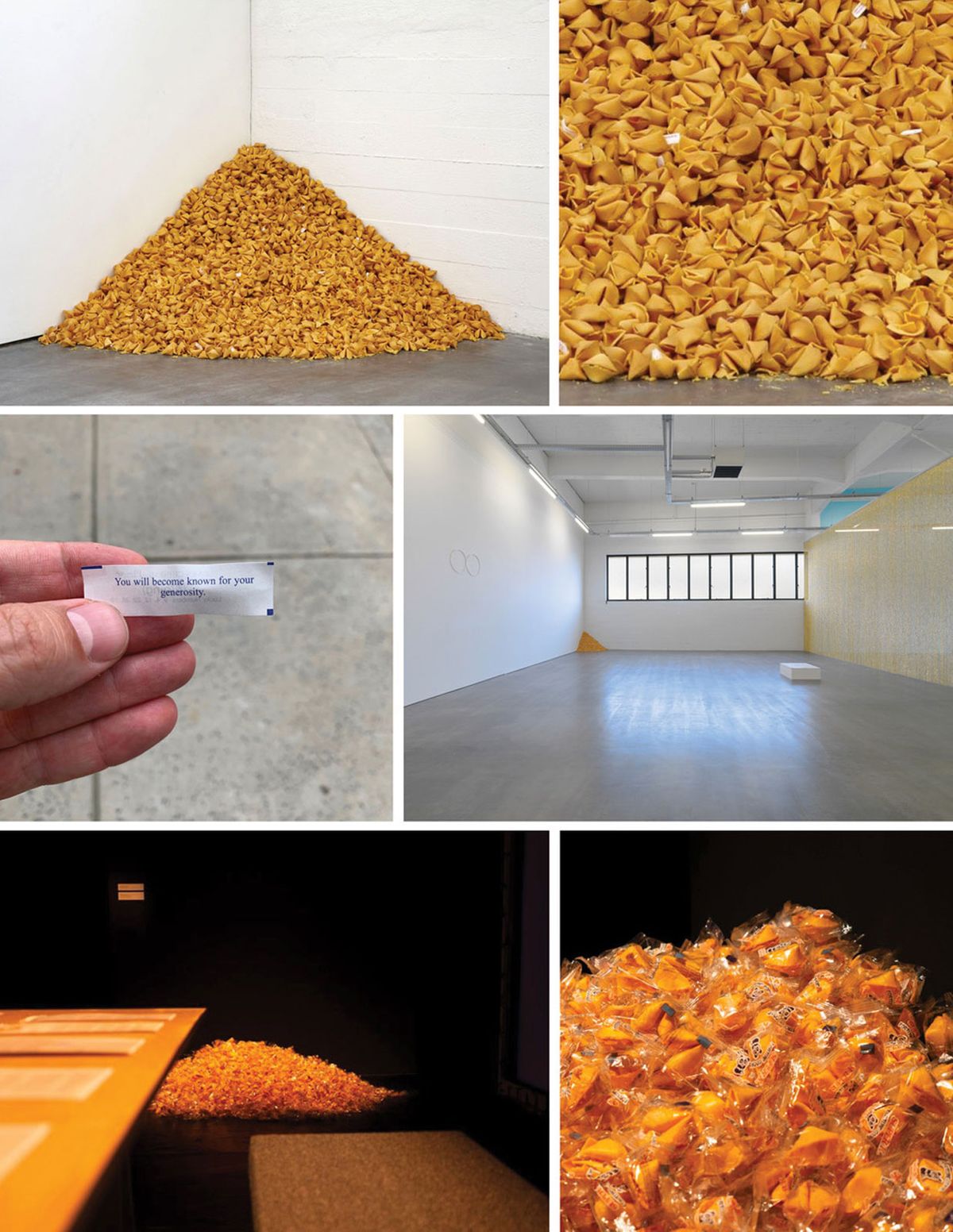 Various installations of Felix Gonzalez-Torres's "Untitled" (Fortune Cookie Corner) (1990)
