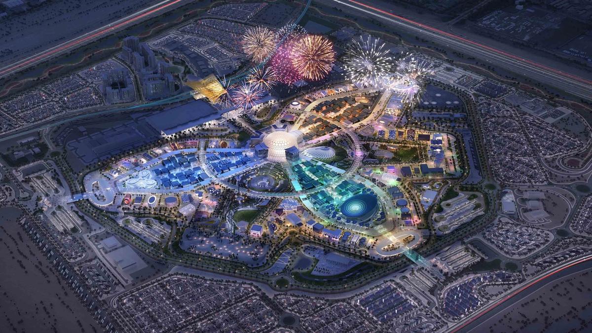 A masterplan rendering of Expo 2020 at night Image courtesy of Expo 2020 Dubai/The Walshe Group