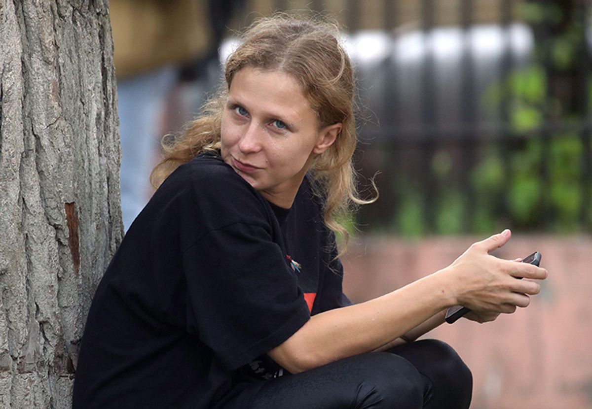 Masha Alekhina pictured during a rally by the Russian Union of Journalists in 2020 © Sergei Savostyanov/TASS/Alamy