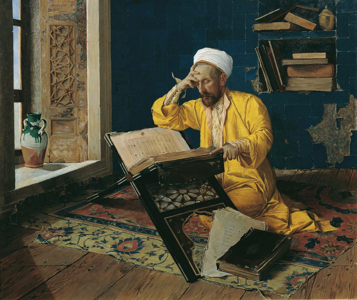 Muslim Theologian with a Qu’ran (1902, detail) by Osman Hamdi Bey featured in the Gulbenkian museum’s 2019 exhibition The Rise of Islamic Art © Belvedere Vienna