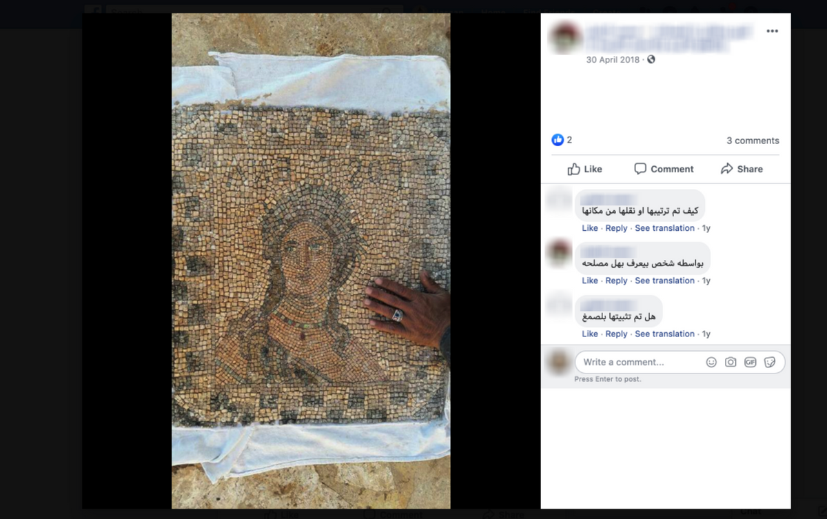 This screenshot of a Facebook post from 30 April 2018 shows a mosaic offered for sale 