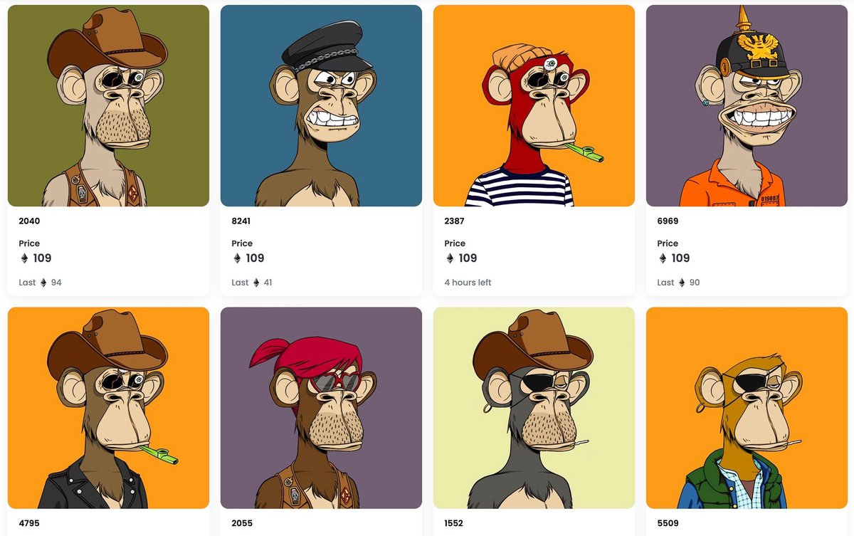 Bored Ape Yacht Club NFTs for sale on the platform Open Sea Screenshot via opensea.io