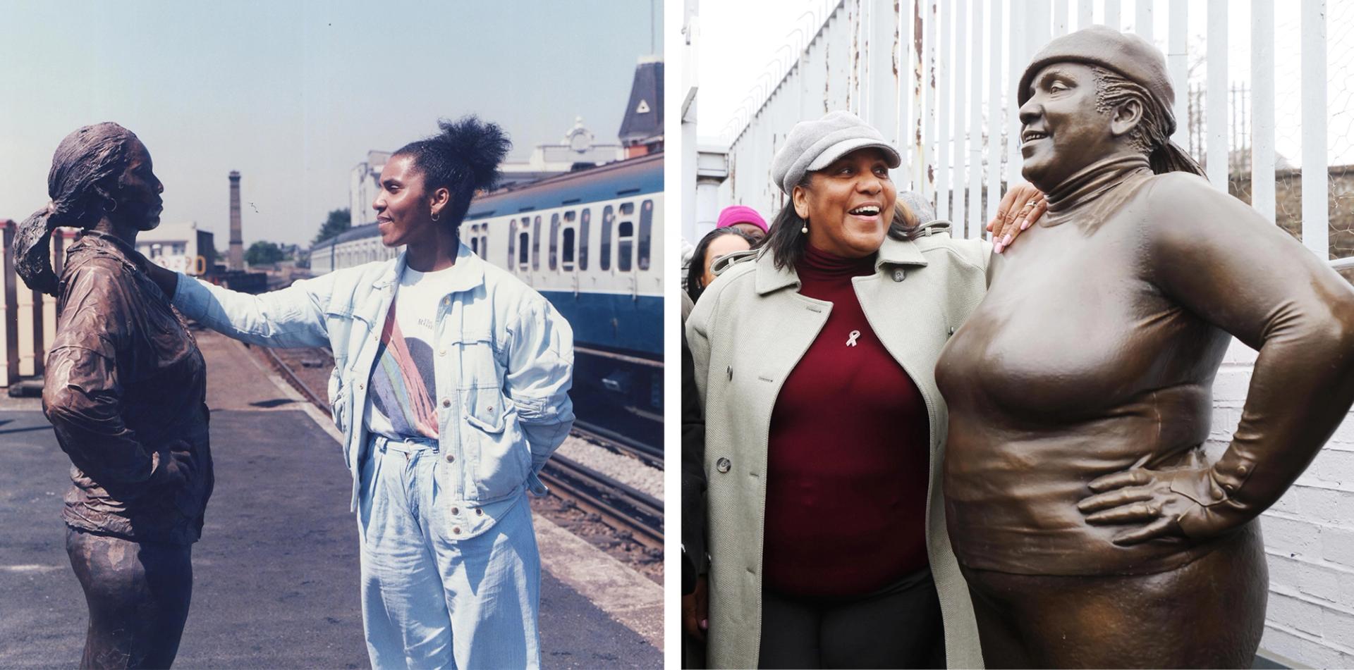 Left to Right: Joy Battick posing with the original sculpture in 1986; and Battick with Joy II today Photo: Courtesy of Southeastern