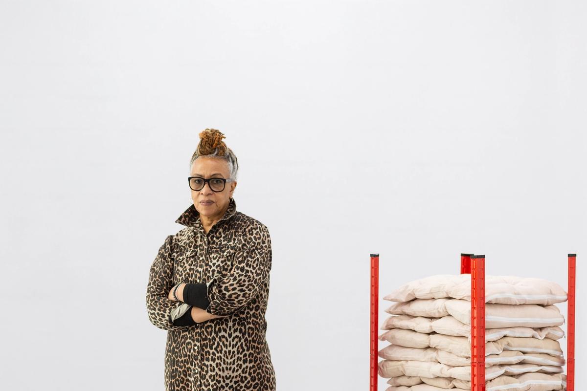 Veronica Ryan with her work Along a Spectrum (2021) installed at Spike Island, Bristol Courtesy of Alison Jacques and Paula Cooper Gallery, New York, photo: Lisa Whitin