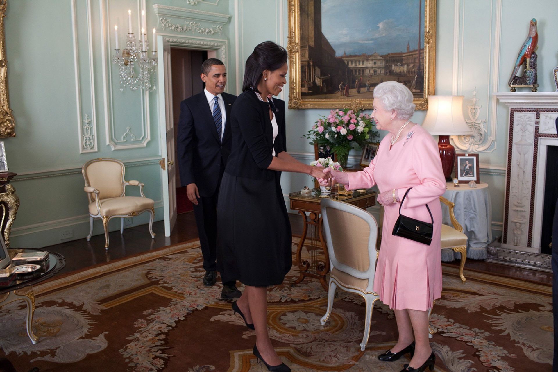 The Queen receives President Barack Obama and Michelle Obama at Buckingham Palace, in 2009, with Canaletto's Piazza San Marco looking West towards San Geminiano (c.1723-4)—added to the Royal Collection by George III as part of the Consul Smith collection—in the background Official White House Photo by Pete Souza