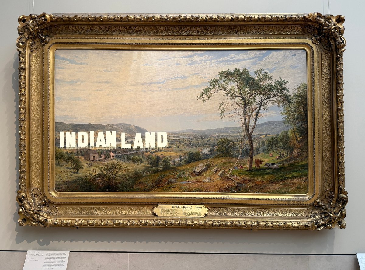 Nicholas Galanin, NEVER FORGET Valley of Wyoming (2021) digitally overlaid on Jasper Francis Cropsey's Valley of Wyoming (1865) at the Metropolitan Museum of Art Courtesy the artist and Amplifier