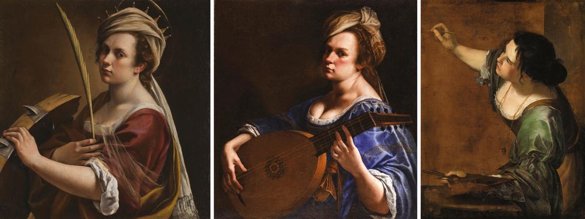 The National Gallery acquired Self-portrait as Saint Catherine of Alexandria (1615-17, far left) and hopes to secure loans of Self-portrait as a Lute Player (1615-18, centre) from the Wadsworth Atheneum Museum of Art and the Royal Collection’s Self-portrait as the Allegory of Painting (1638-39) 