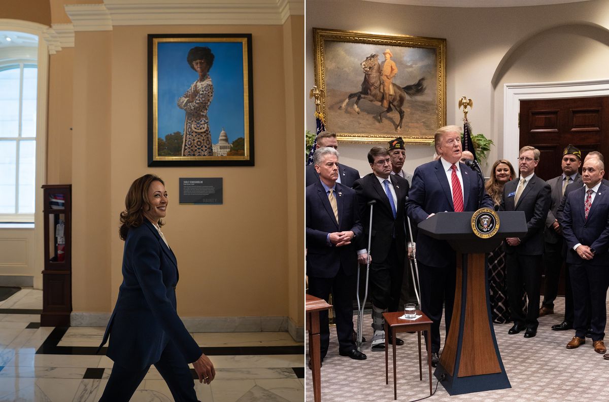 Vice President Kamala Harris (left) passes a portrait of Shirley Chisholm at the US Capitol. Then-president Donald Trump (right) speaks in front of Rough Rider (around 1909), Tadé Styka's portrait of Theodore Roosevelt in the Roosevelt Room at the White House. Harris: Official White House Photo by Lawrence Jackson, via Flickr. Trump: Official White House Photo by Joyce N. Boghosian, via Flickr