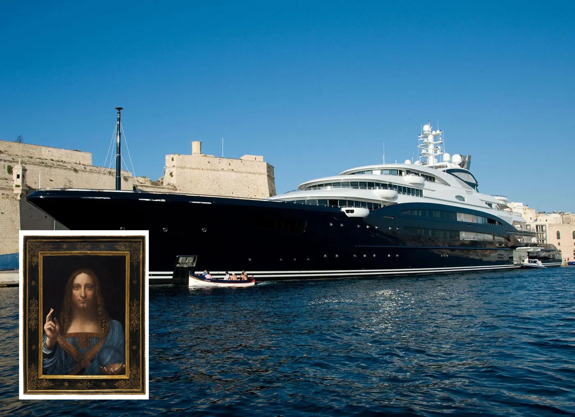 The Serene, a yacht belonging to Mohammed bin Salman. In 2019, The Art Newspaper speculated that the Serene might be delivering the Salvator Mundi (inset) to Paris. It was not. Yacht photo: Nick Wells/Ngw2009