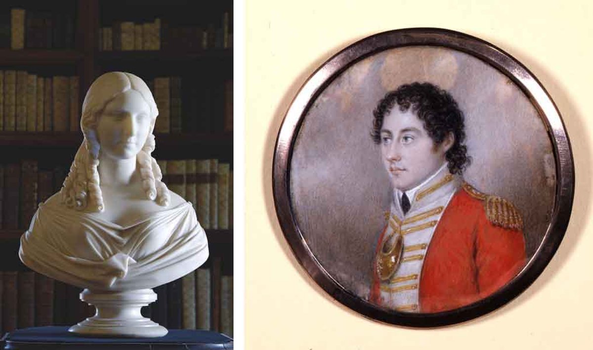 A bust of Teresa Gamba Giuccioli (left) and a portrait of Byron, both in the Byron Museum’s collection
Courtesy of the Byron Museum