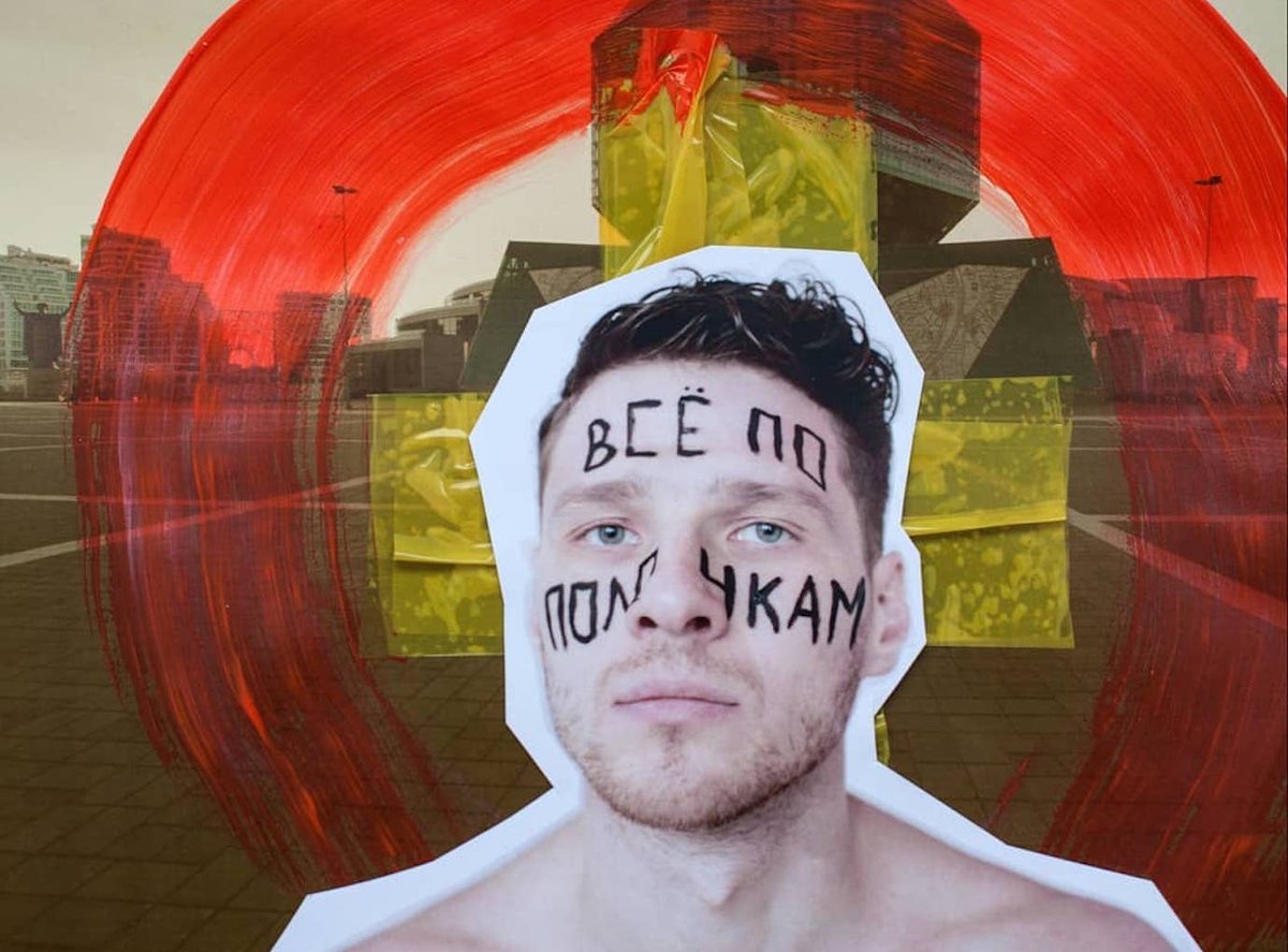 Protest artist Alexei Kuzmich, with the words "Everything is organised" written on his face Image: Alexei Kuzmich, Egor Voinov, for @bybolshoi