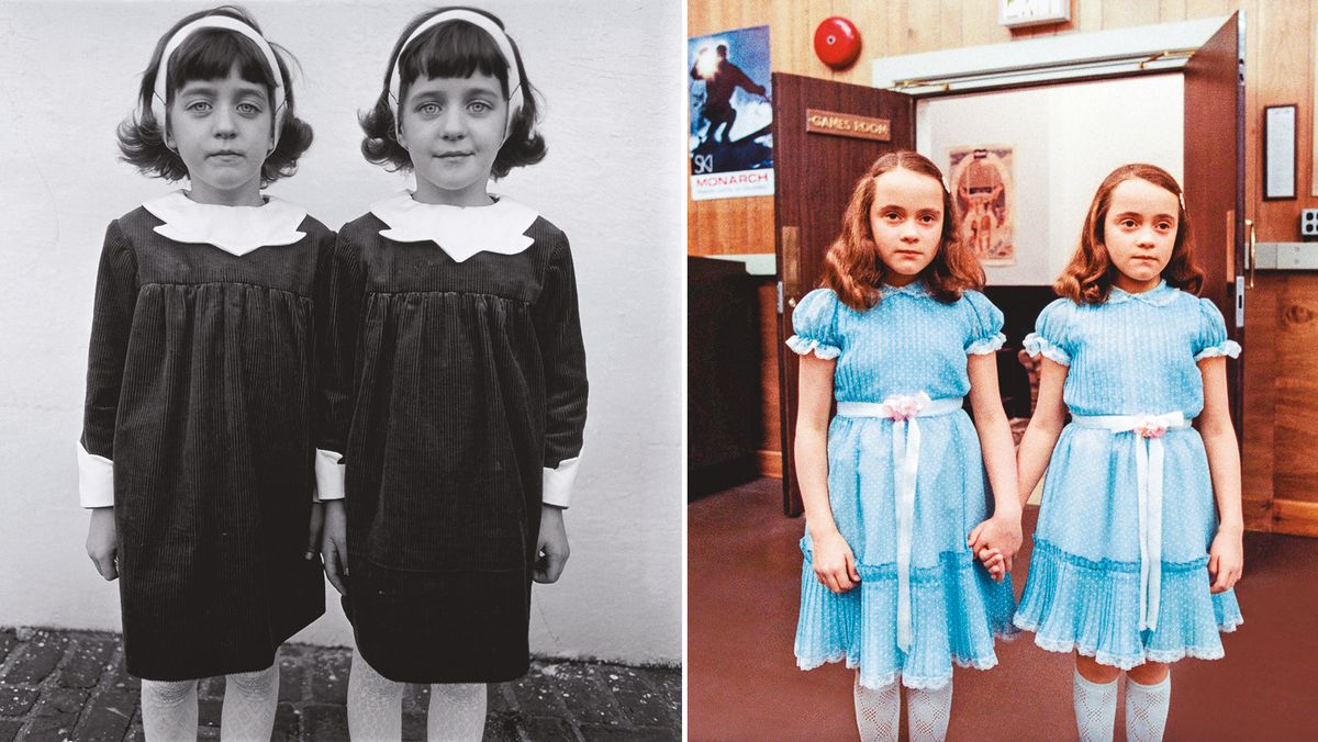 Above left: one of the most famous works by photographer Diane Arbus, Identical Twins, Roselle, N.J., 1966, provided Kubrick with inspiration for the Grady sisters (above right) in The Shining. In the book by Stephen King on which Kubrick’s film is based, the girls were sisters, but Kubrick, who had a fascination for doppelgangers, made them identical twins  Arbus: © The Estate of Diane Arbus. Twins: © WARNER BROS. ENTERTAINMENT INC. (s22) Courtesy of the Stanley Kubrick Archive