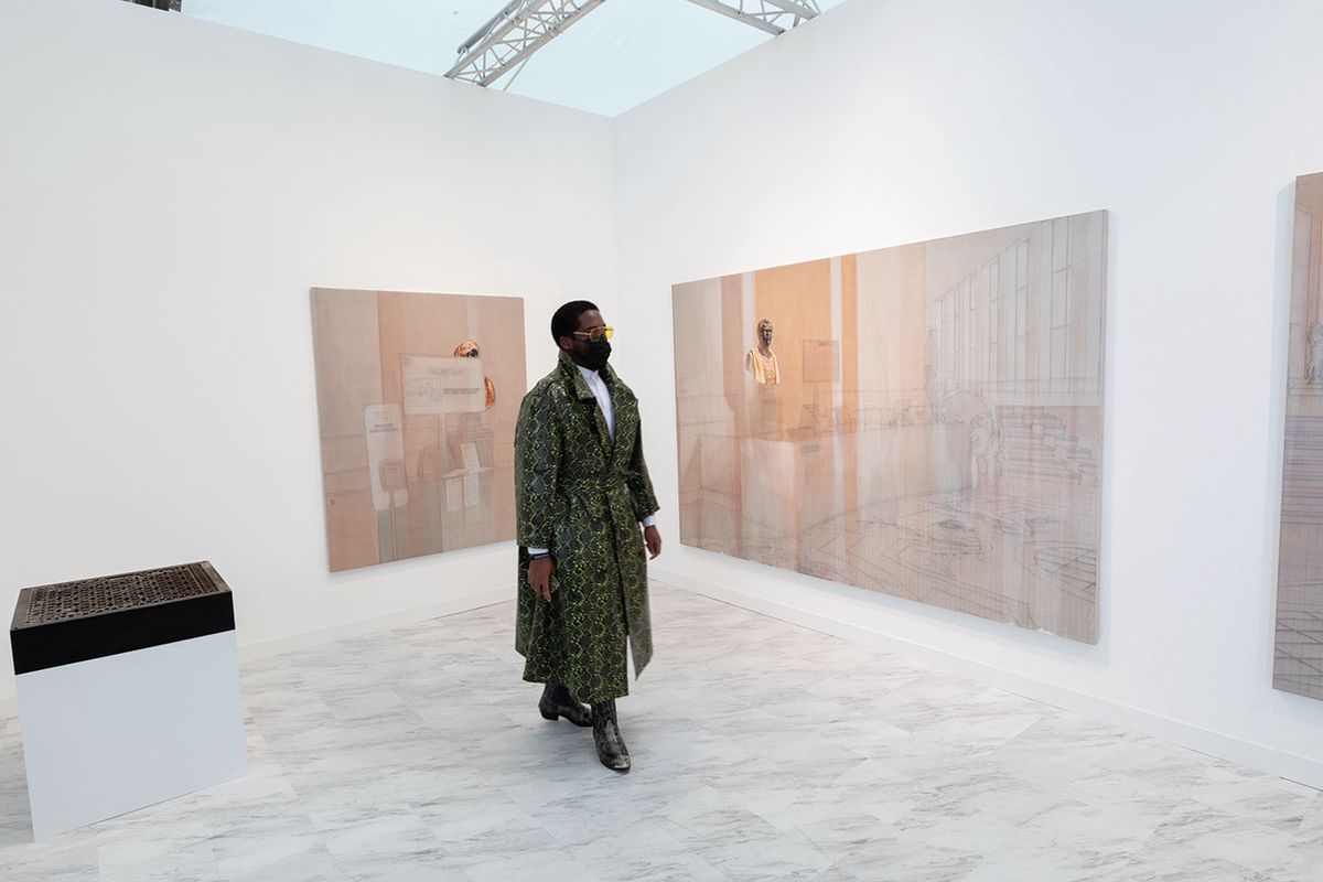 Two paintings from Esteban Jefferson’s Petit Palais series on the stand of Tanya Leighton gallery David Owens