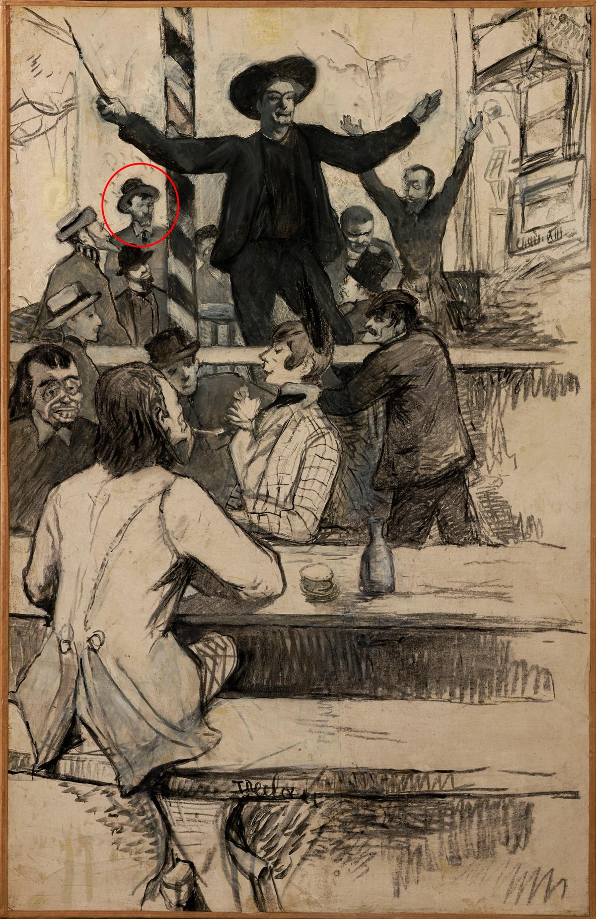 Henri de Toulouse-Lautrec’s The Refrain of the Louis XIII-style Chair at the Cabaret of Aristide Bruant (1886), 78cm x 50cm, with Van Gogh circled Courtesy of Hiroshima Museum of Art