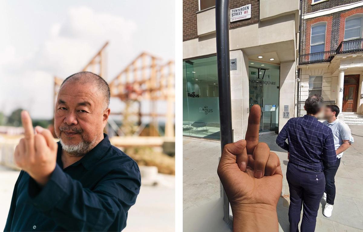 Ai Weiwei at his studio in Montemor-o-Novo, Portugal / Ai Weiwei's superimposed hand flips off The Art Newspaper's London office
© Morgan Sinclair for Avant Arte / Courtesy Avant Arte