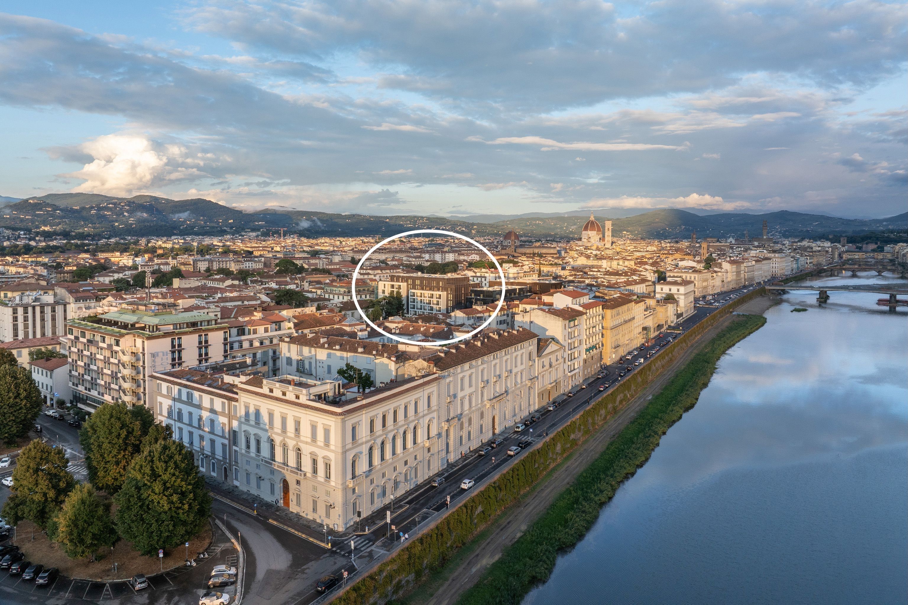 The development (circled) includes a nearly 30m-high dark structure and residential blocks topped by black upper storeys. Unesco is assessing whether the project is compatible with the city’s World Heritage status © Albo; Courtesy of Vittorio Grassi Architects