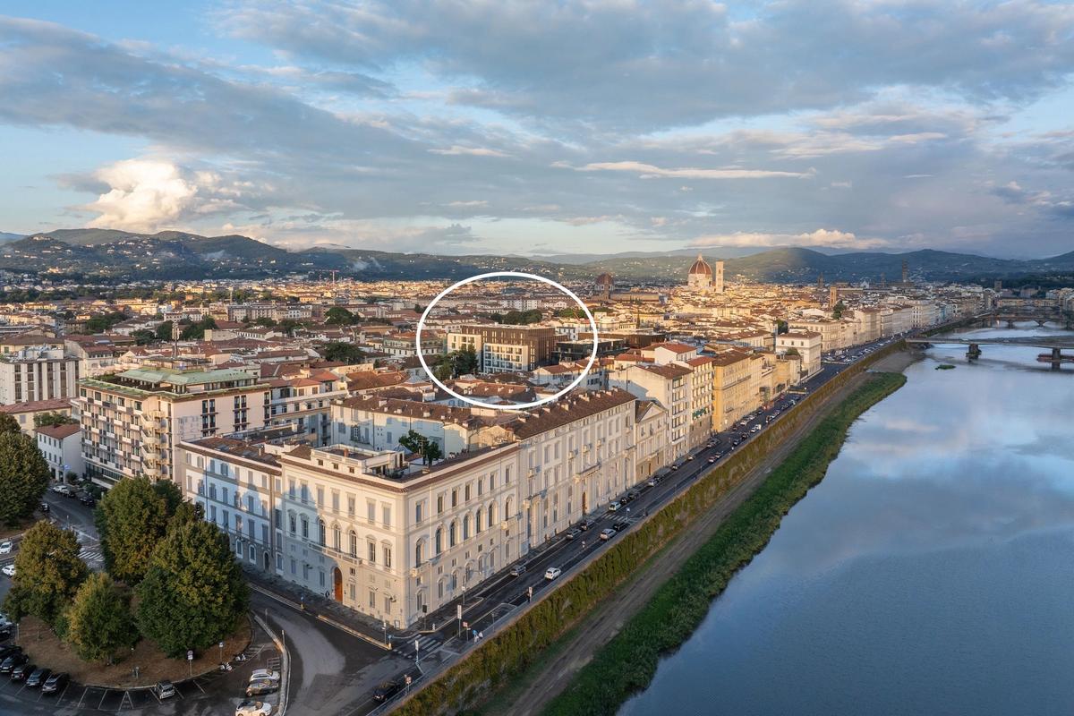 The development (circled) includes a nearly 30m-high dark structure and residential blocks topped by black upper storeys. Unesco is assessing whether the project is compatible with the city’s World Heritage status © Albo; Courtesy of Vittorio Grassi Architects