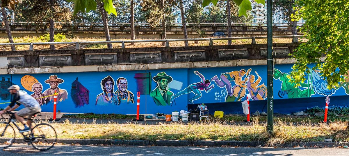 Anthony Joseph's mural Hope Through Ashes: a Requiem for Hogan’s Alley, appears along the edge of Vancouver’s Georgia Viaduct bridge Photo: Gabriel Martins