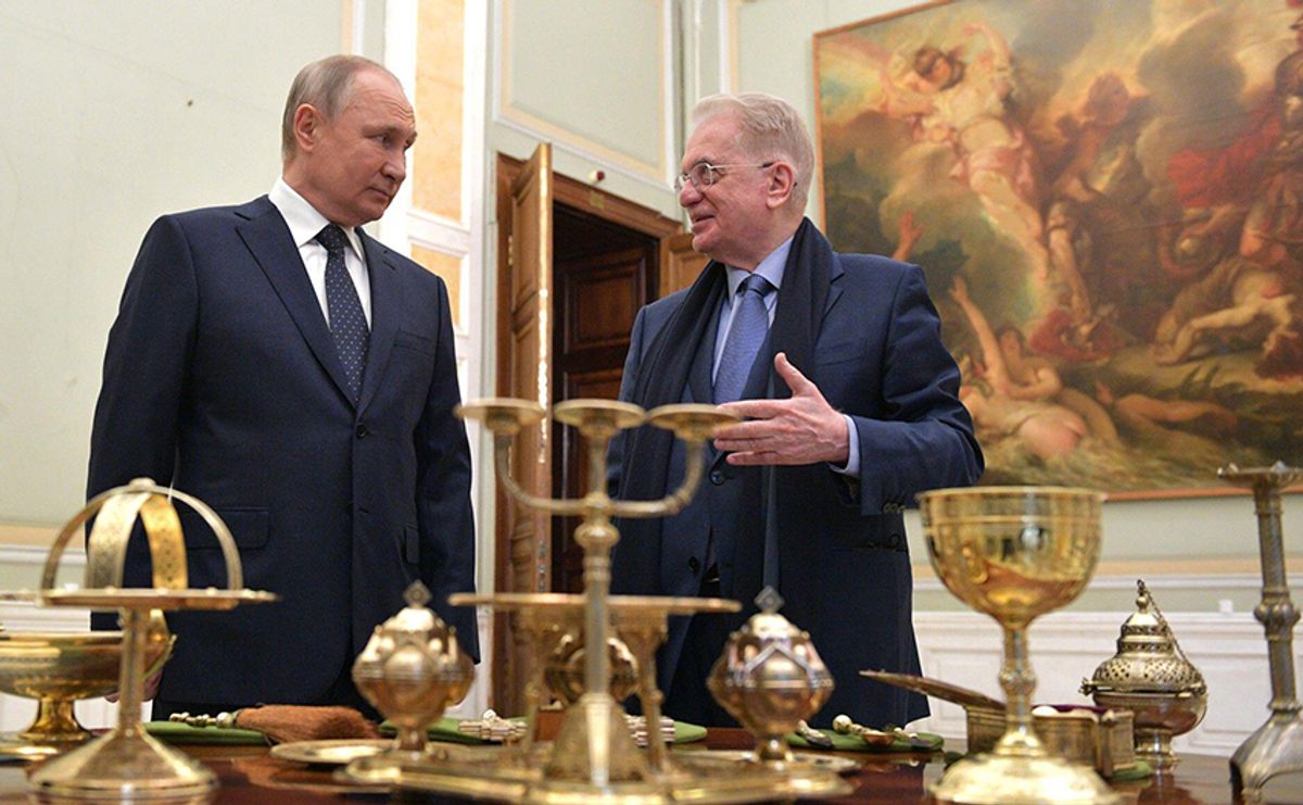In April, Russian president Vladimir Putin handed over to Hermitage Museum director Mikhail Piotrovsky a set of church utensils made in St Petersburg in 1877 on commission by the imperial court of Russia for Grand Duchess Maria Alexandrovna © Russian Look Ltd. / Alamy Stock Photo